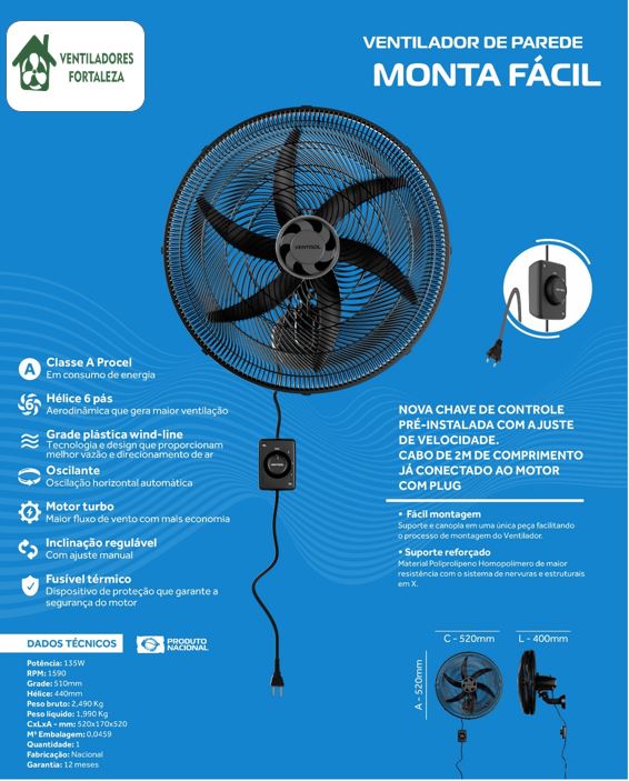 VENTILADOR PAREDE 50CM MONTA FÃCIL GR PLÃSTICO 220V