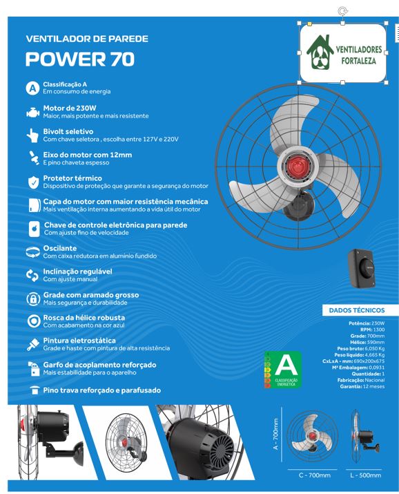 Ventilador De Parede Power 70cm Cinza 127/220V