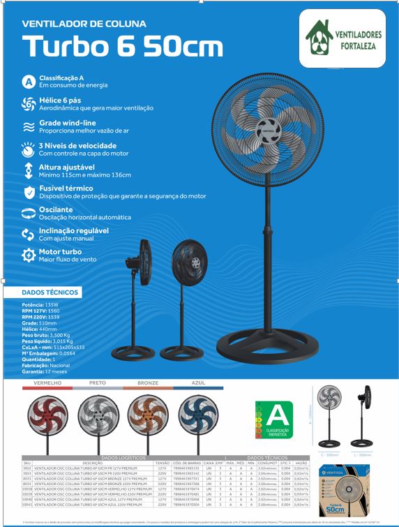 Ventilador de Coluna Turbo 50cm Azul 127V