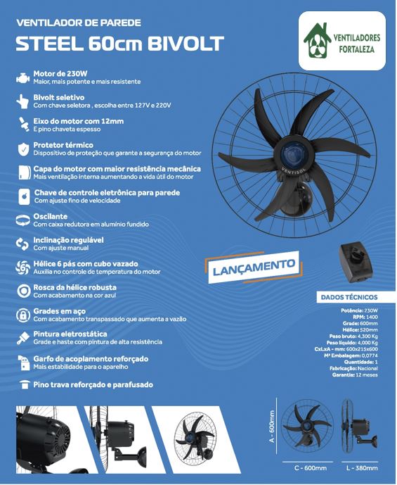 Ventilador de Parede Steel (FALCON) 60cm Preto 127/220V
