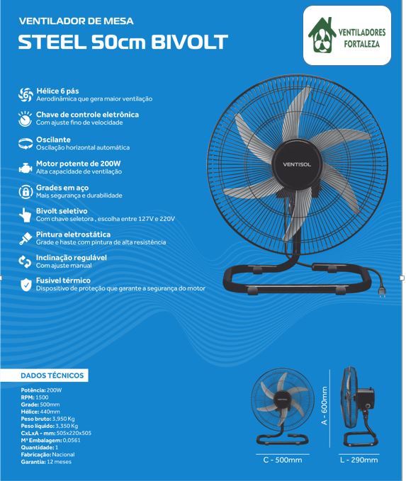Ventilador de Mesa Steel 50cm Preto 127/220V